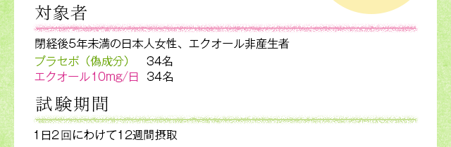 対象者　閉経後5年未満の日本人女性、エクオール非産生者 　ブラセボ（偽成分） 34名 エクオール10mg/日　34名　試験期間　1日2回に分けて12週間摂取