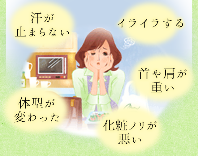 汗が止まらない　イライラする　首や肩が重い　体型が変わった　化粧ノリが悪い