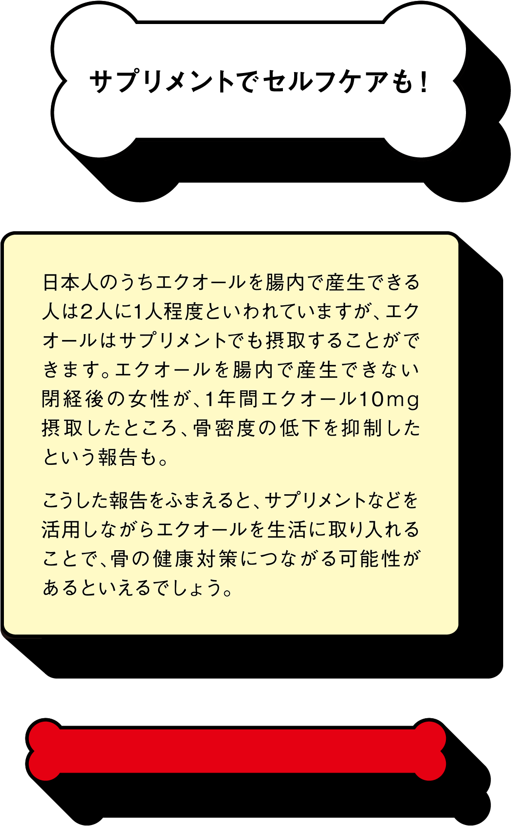 サプリメントでセルフケアも！ 日本人のうちエクオールを腸内で産生できる人は2人に1人程度といわれていますが、エクオールはサプリメントでも摂取することができます。エクオールを腸内で産生できない閉経後の女性が、1年間エクオール10mg摂取したところ、骨密度の低下を抑制したという報告も。こうした報告をふまえると、サプリメントなどを活用しながらエクオールを生活に取り入れることで、骨の健康対策につながる可能性があるといえるでしょう。